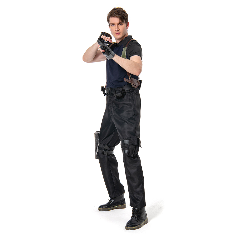 Lofeery Leon Scott Kennedy Cosplay Uniforme Leon Cosplay Costume Serré T-shirt à Manches Courtes Noir Ensemble Pantalon Avec Bandoulière Holster Jeu Biohazard Uniforme Halloween Carnaval Tenues