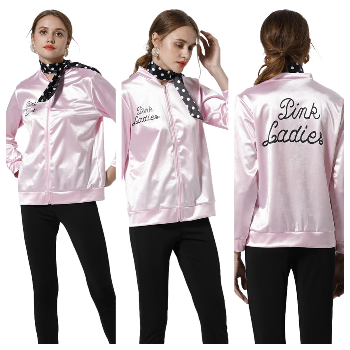 Grease Pink Ladies Cosplay Satin Coat With Neckscarf Costume Retro Fancy Jacket - Picture 13 of 16
