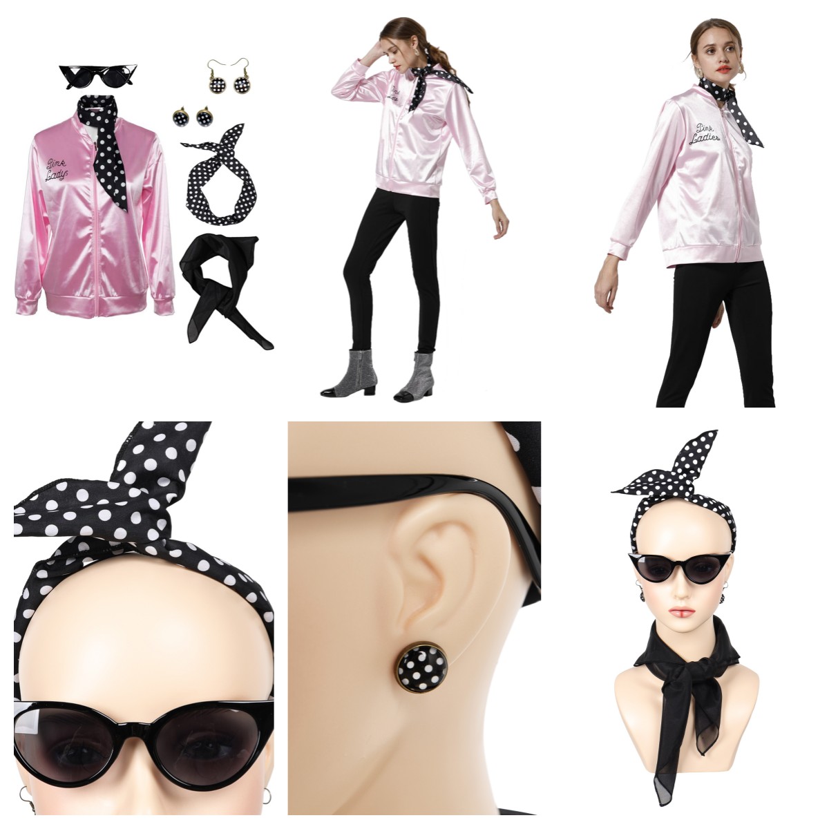 Grease Pink Ladies Cosplay Satin Coat With Neckscarf Costume Retro Fancy Jacket - Picture 15 of 16