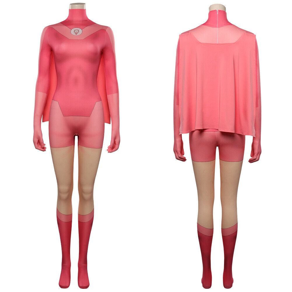Women's Atom Eve Cosplay Costume Full Set - Pink Jumpsuit With Cloak & Socks