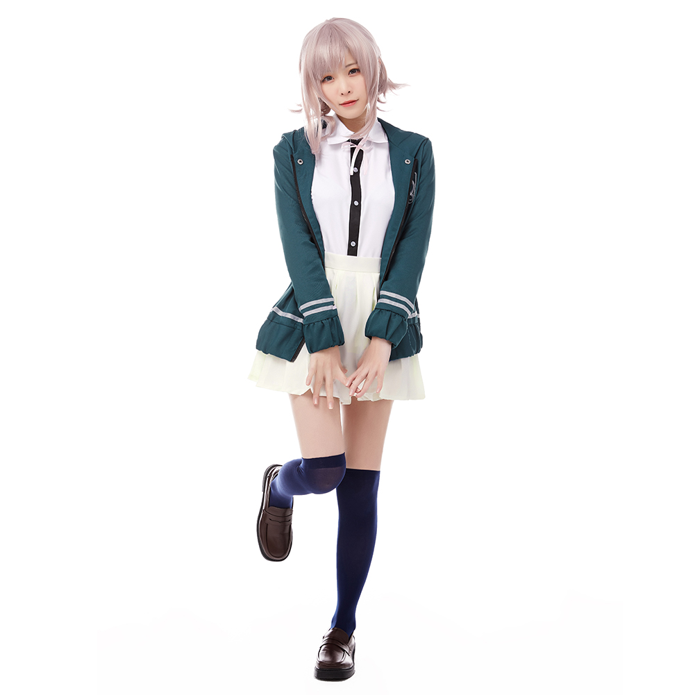 Super Chiaki Nanami Cosplay Halloween Costume Green Uniform Dress Womens School - Picture 25 of 52