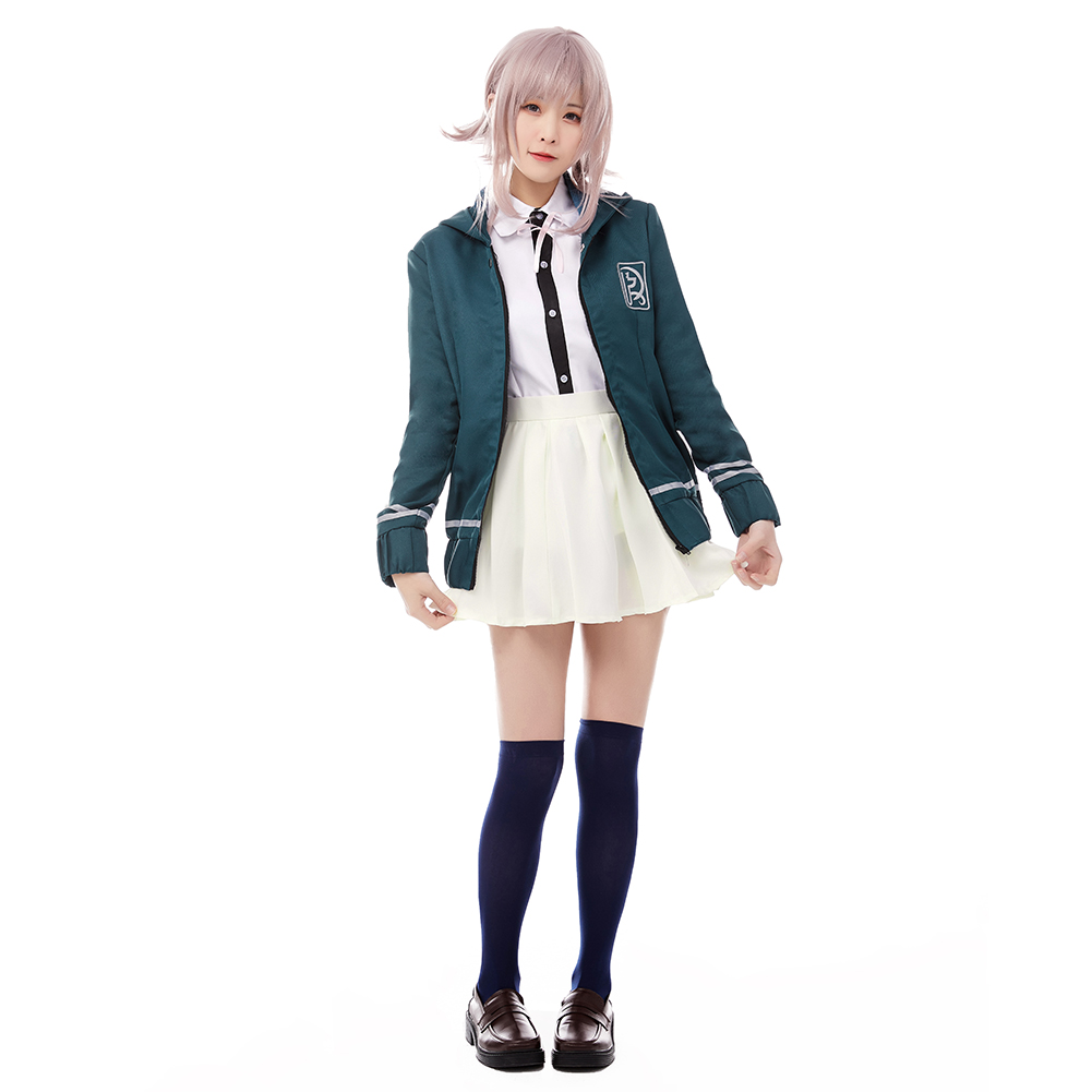 Super Chiaki Nanami Cosplay Halloween Costume Green Uniform Dress Womens School - Picture 29 of 52