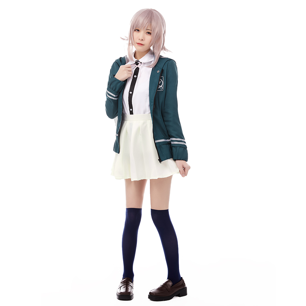 Super Chiaki Nanami Cosplay Halloween Costume Green Uniform Dress Womens School - Picture 30 of 52