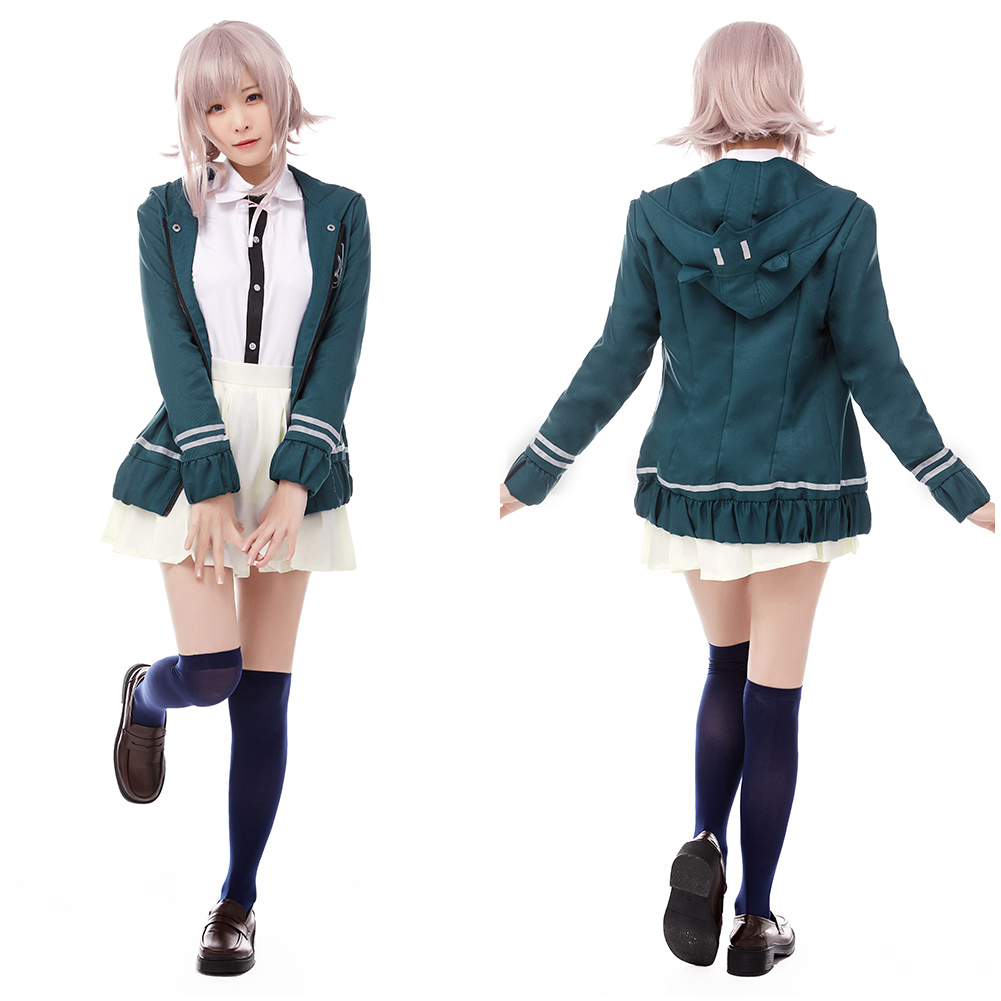 Super Chiaki Nanami Cosplay Halloween Costume Green Uniform Dress Womens School - Picture 36 of 52