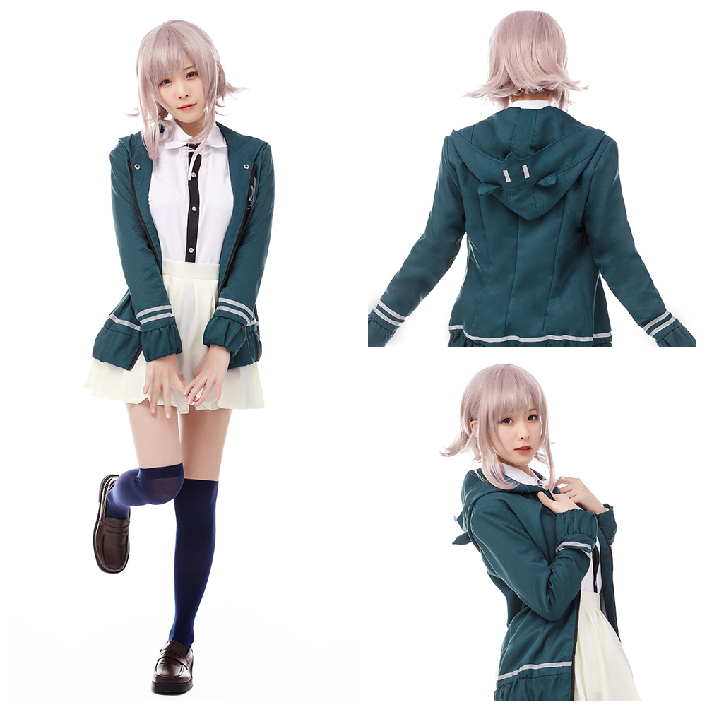 Super Chiaki Nanami Cosplay Halloween Costume Green Uniform Dress Womens School - Picture 35 of 52