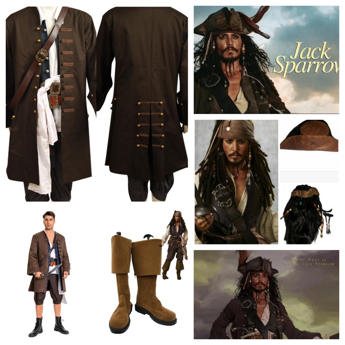 Jack Sparrow Pirate Jacket cosplay Costume/Captain Boots shoes/Hat+Wig+Beard - Picture 14 of 14