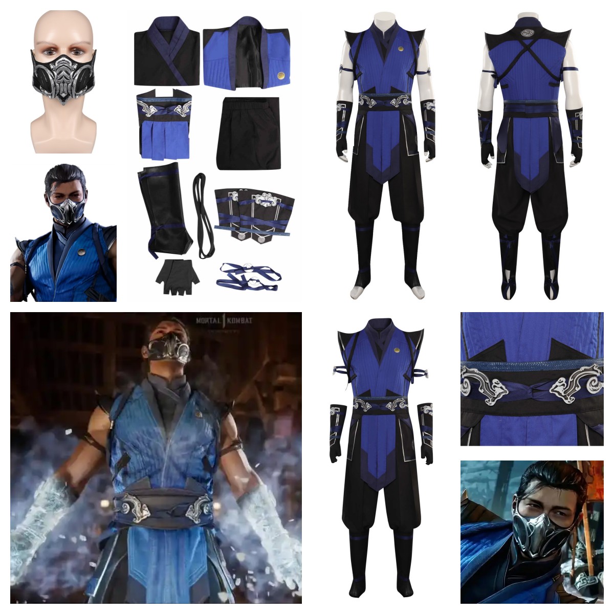 Game Mortal Kombat Sub-Zero Cosplay costume Blue Deluxe outfit+Latex Mask sets - Picture 11 of 28