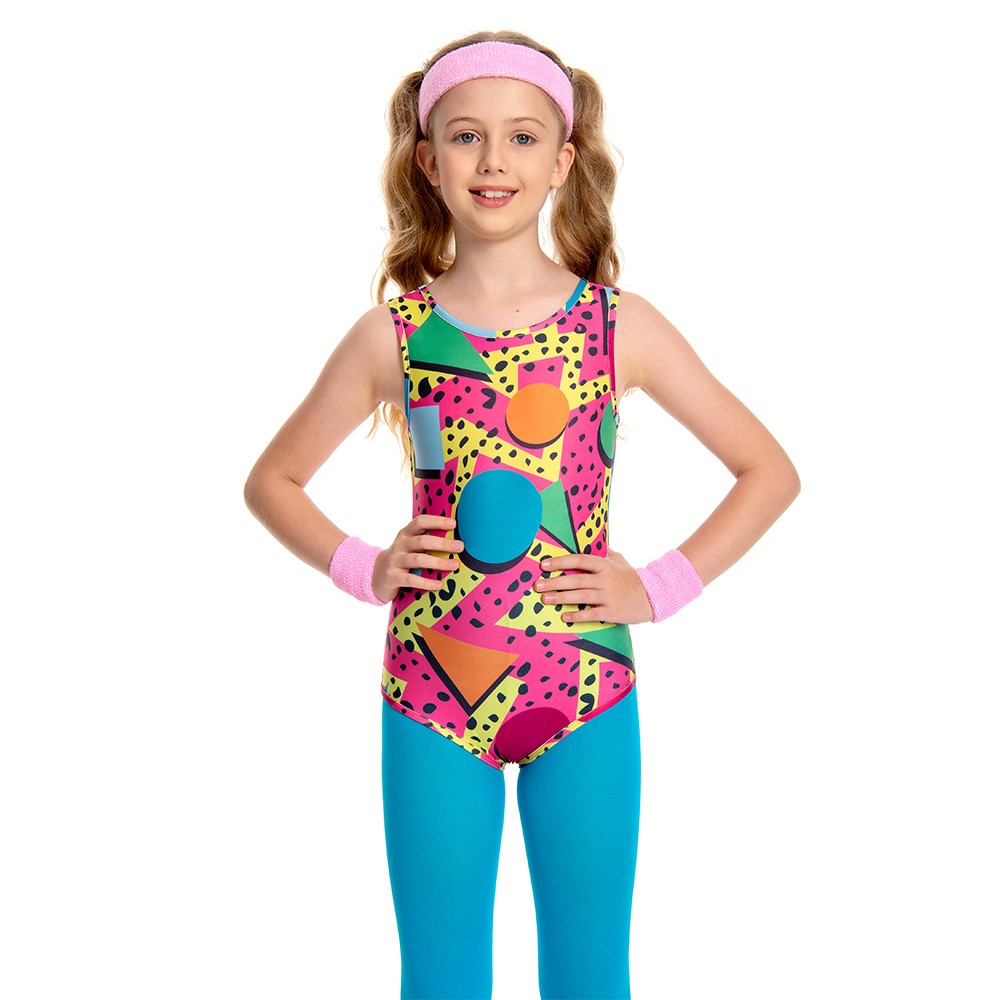 80s Kids Girl Colourful Vintage Jumpsuit Aerobics Yoga Pants Workout Sportswear