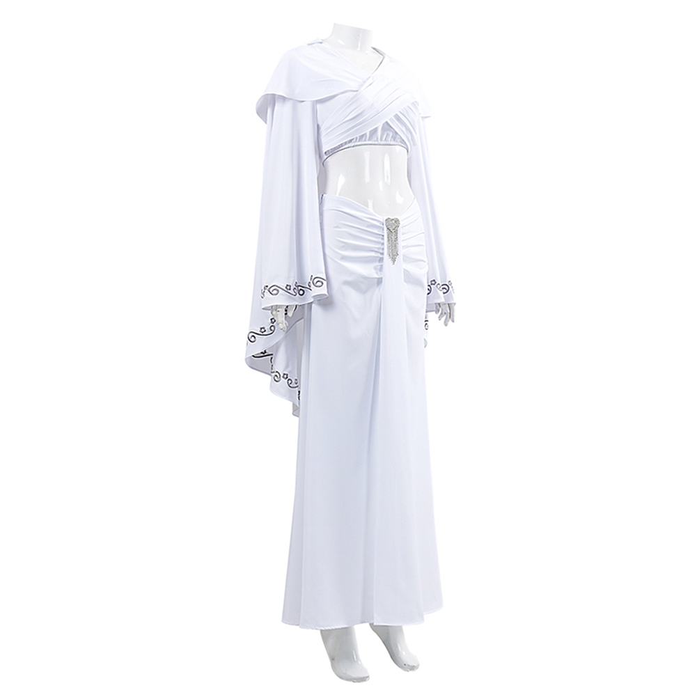 padme amidala white dress Star Wars Tatooine Outfit Yicosplay Crop top Pants Arm cuffs Belt with pouches Shin gauntlets Long sleeves Pullover closure Material Padm Amidala's wardrobe might be