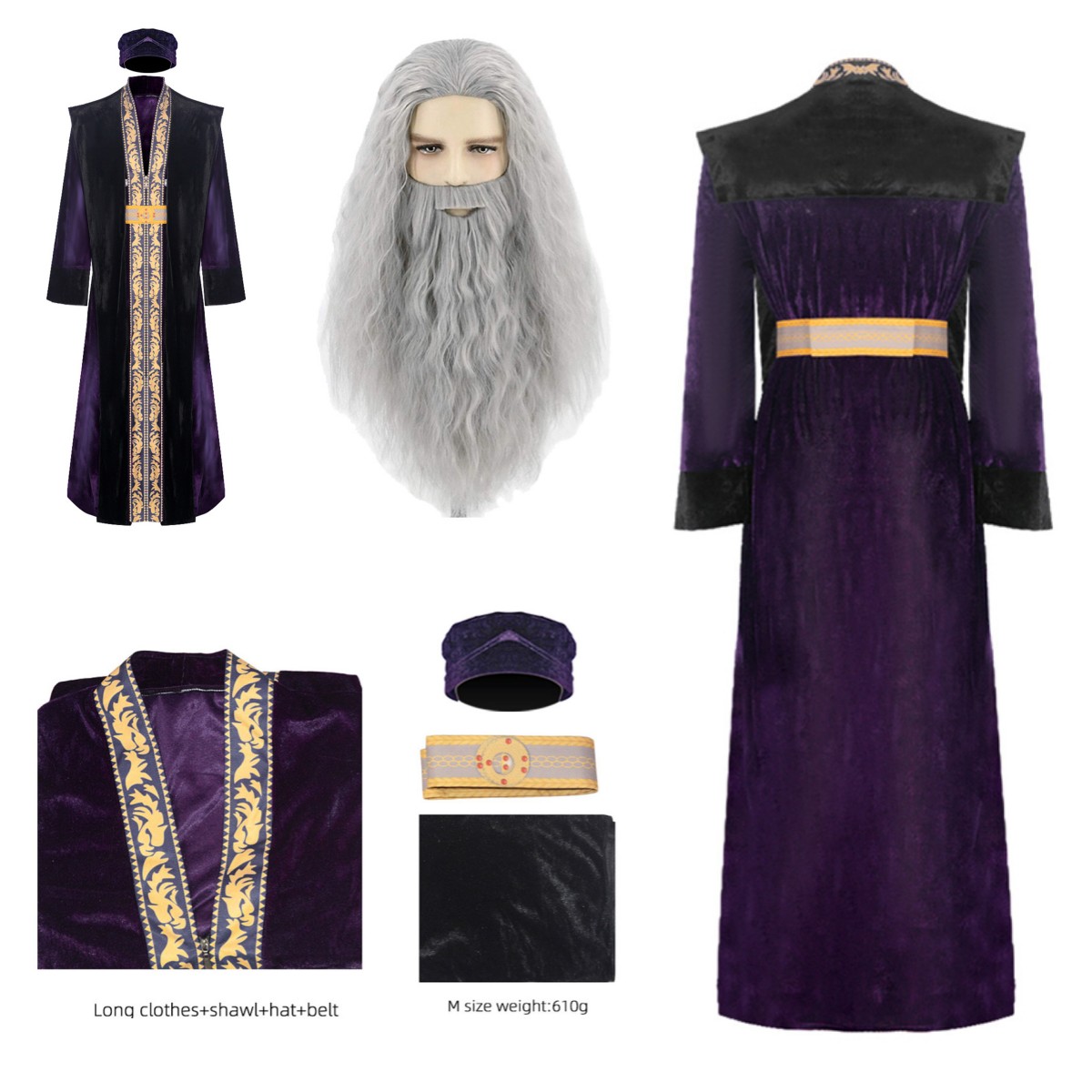 Harry Potter Albus Dumbledore Purple Wizard Robe Outfits/Wigs+Beards/Wand Sets - Picture 12 of 21