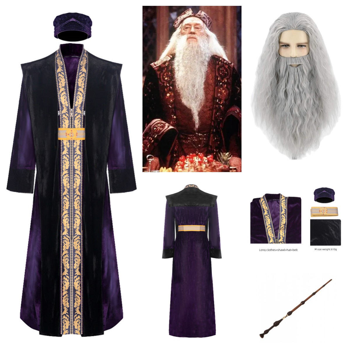 Harry Potter Albus Dumbledore Purple Wizard Robe Outfits/Wigs+Beards/Wand Sets - Picture 11 of 21