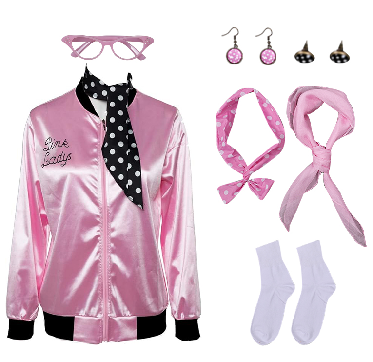 Grease Pink Ladies Cosplay Jacket Women Satin Coat+Neckscarf/glasses/earrings - Picture 9 of 34