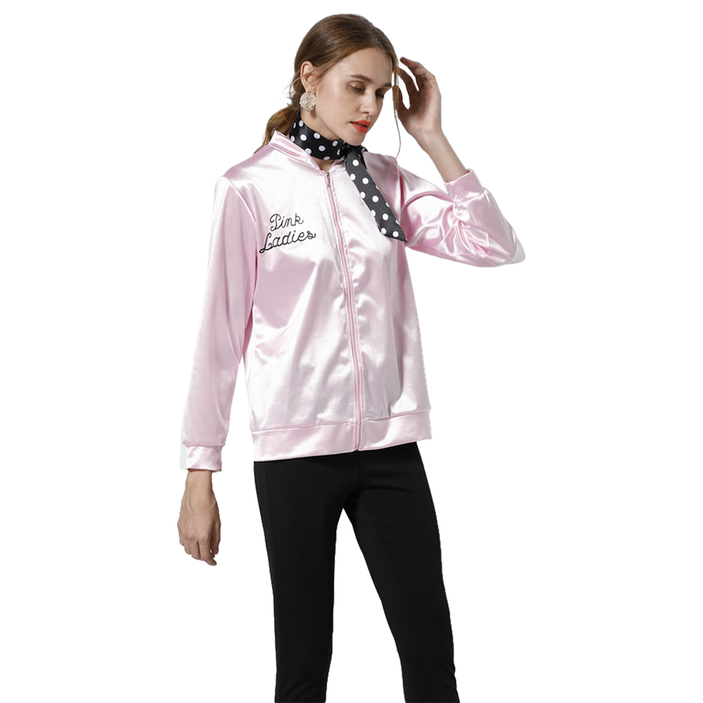 Grease Pink Ladies Cosplay Jacket Women Satin Coat+Neckscarf/glasses/earrings - Picture 24 of 34