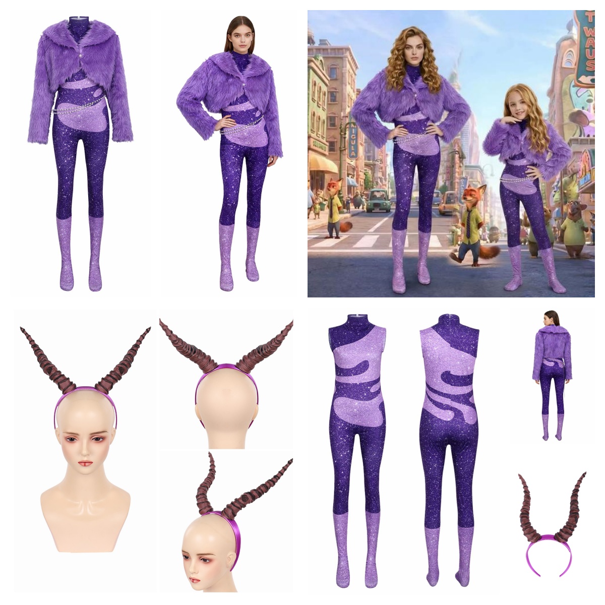 Girl Women Gazelle Cosplay Purple Costume Animal Zoo Horn hair Halloween PARTY